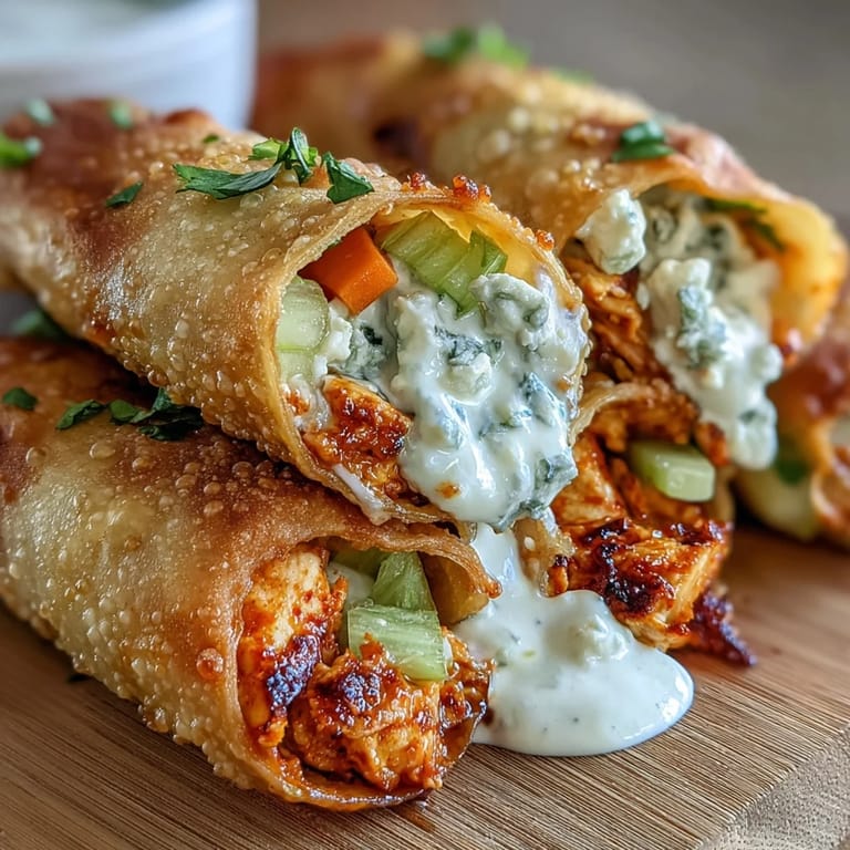 Spicy Buffalo Chicken Egg rolls are arranged on a white plate with a small bowl of ranch dip and celery.