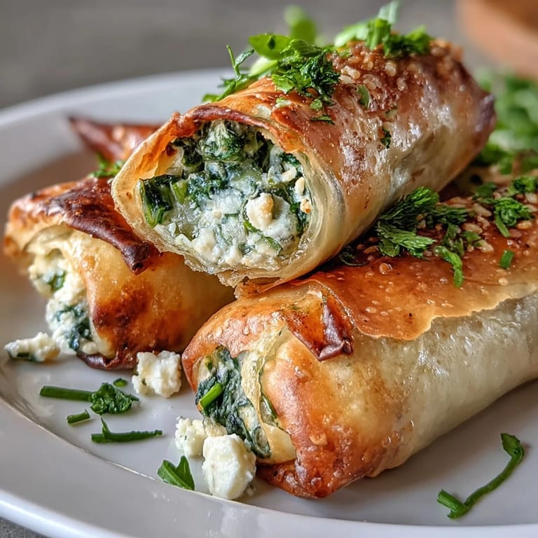 Freshly baked Spanakopita Spring Rolls resting on a white platter with a sprig of dill garnish.