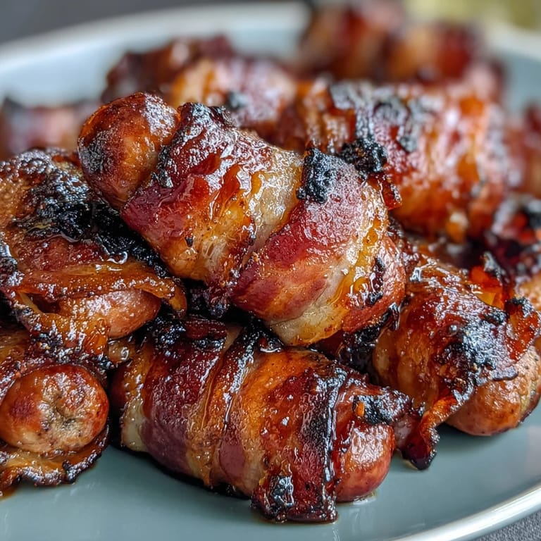 Sizzling Bacon-Wrapped Smokies on a baking sheet, showcasing bubbly glaze and golden-brown, crispy bacon edges.
