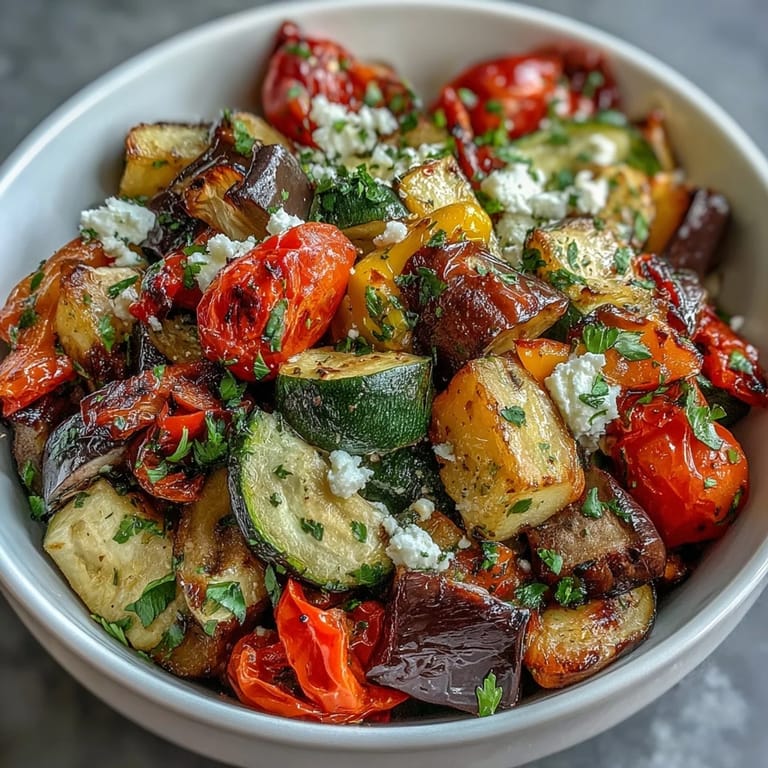 A close-up of juicy roasted Mediterranean Greek vegetables with cherry tomatoes and Kalamata olives.