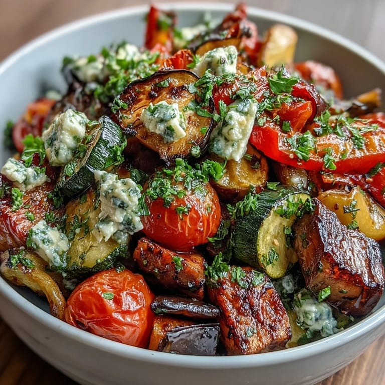 Crumpled feta cheese and fresh parsley garnish a warm platter of roasted Mediterranean Greek vegetables.