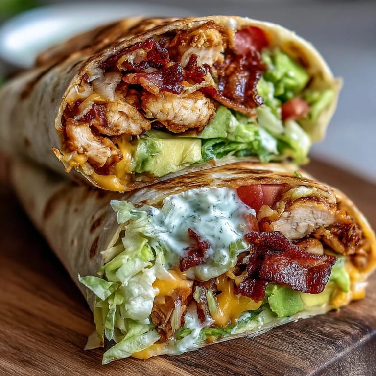 Warm Crispy Chicken Bacon Wrap with melted cheese and diced tomatoes in tortilla.