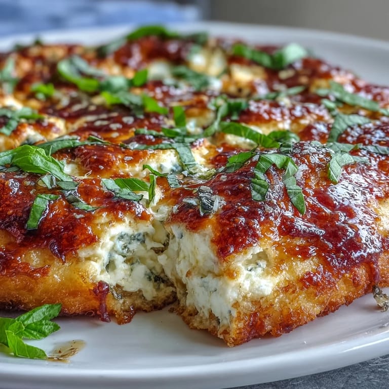 Slice of Hot Honey Ricotta Pizza showing a thick, fluffy crust with vibrant basil and a warm, spicy honey drizzle.