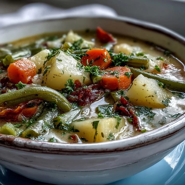 Steaming Amish Snow Day Soup served in a rustic bowl with fresh parsley garnish.