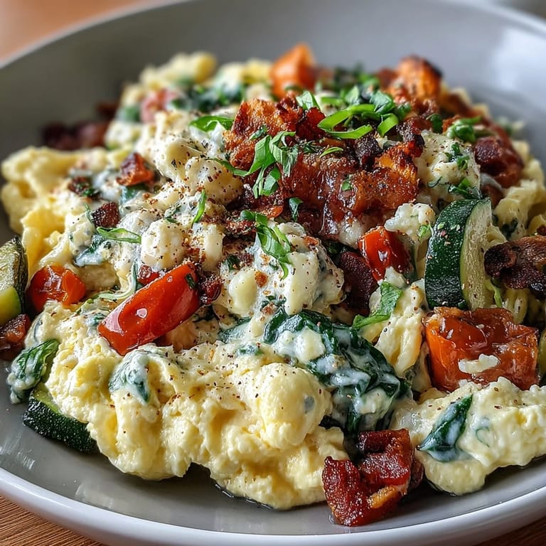 A close-up of the Scrambled Egg and Veggie Bowl with bright peppers and wilted spinach.
