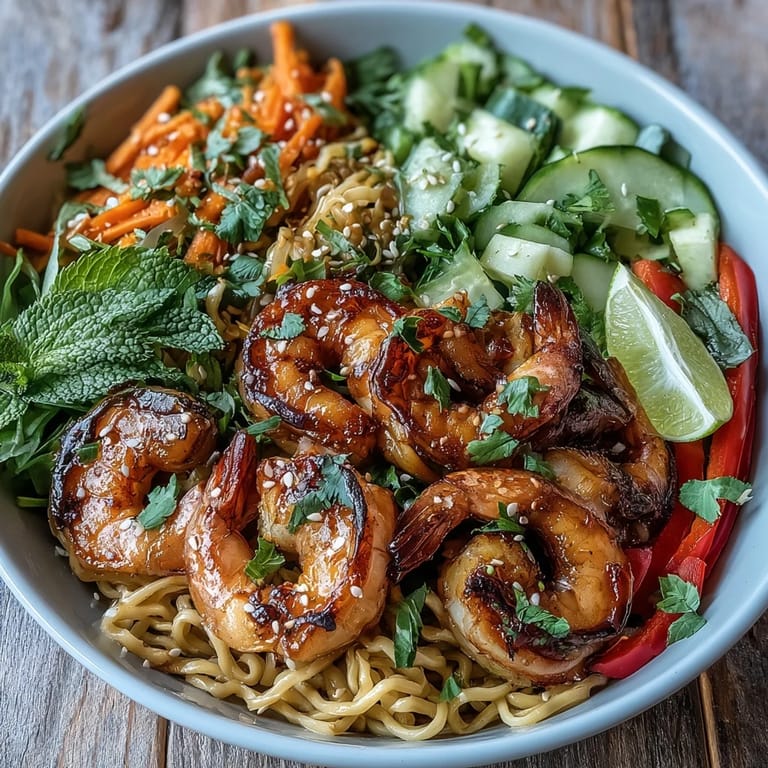 Close-up of the 15-Minute Asian Noodle Bowl With Grilled Shrimp highlighting the texture of sesame noodles and crunchy veggies.