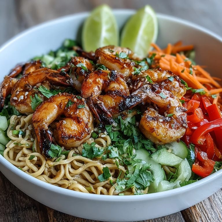 A close-up of the 15-Minute Asian Noodle Bowl With Grilled Shrimp, with succulent shrimp and lime wedges on the side.