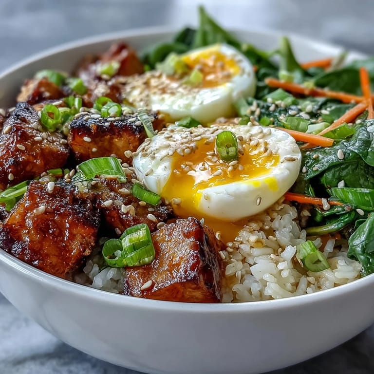 A nourishing Tofu Jammy Egg Breakfast Bowl topped with sesame seeds and crisp julienned carrots.