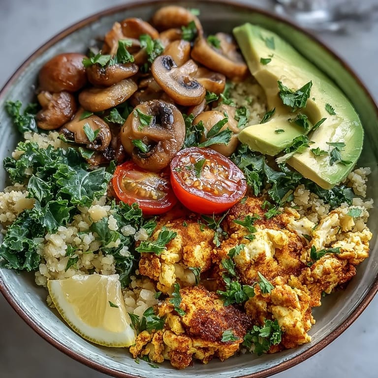 Savory Scrambled Tofu Breakfast Bowl topped with sautéed mushrooms, bright green kale, and fresh avocado garnish.