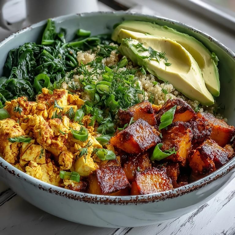 Healthy Tofu Scramble Vegan Breakfast Bowl served with creamy avocado and roasted sweet potatoes, perfect for brunch.