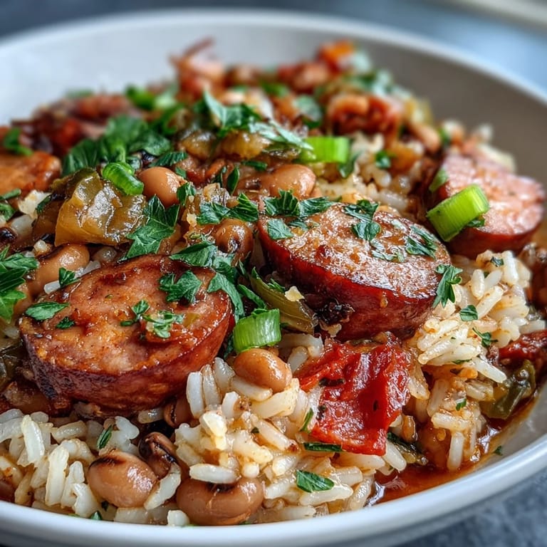 Steaming pot of homemade Black-Eyed Pea Jambalaya, a hearty Cajun main dish garnished with fresh parsley and green onions, served family-style.