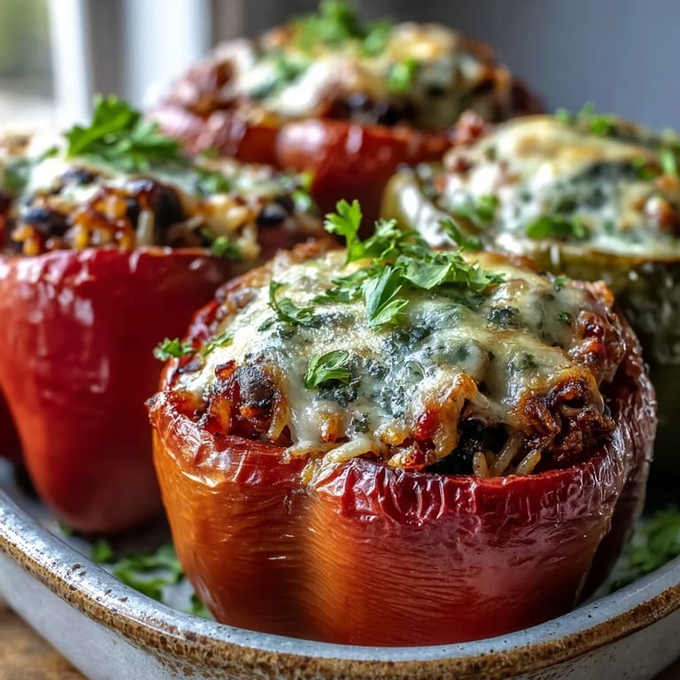 Freshly baked Black-Eyed Pea Stuffed Peppers steam gently, revealing a savory filling of peas, rice, and tender bell peppers.