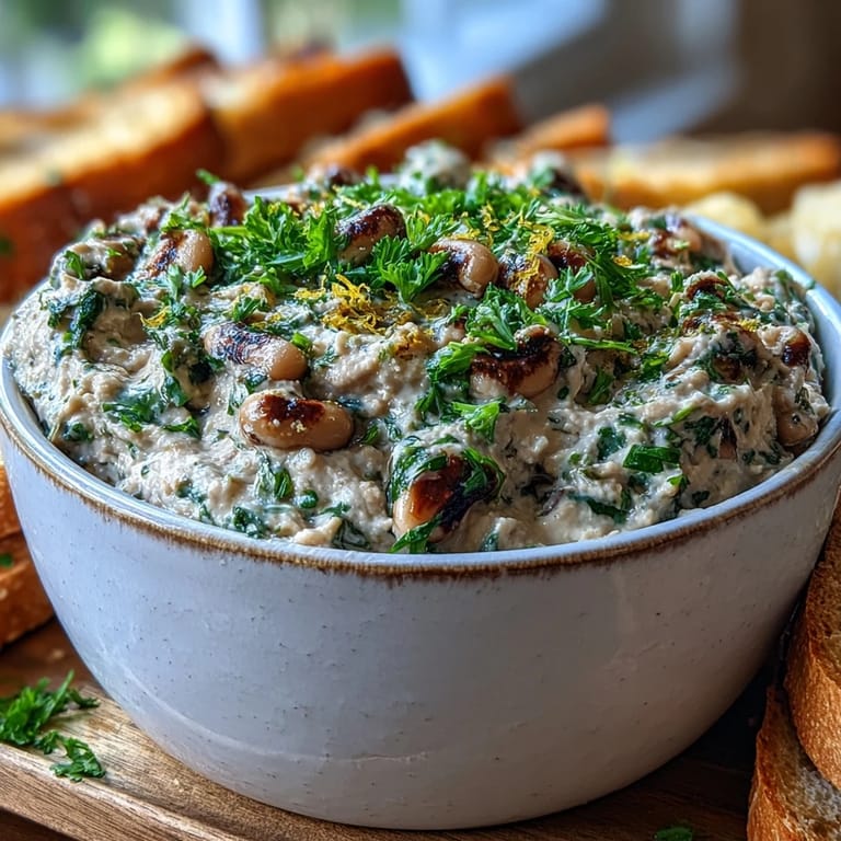 A serving bowl of Smashed Black-Eyed Peas surrounded by warm pita wedges and fresh vegetable sticks for dipping.