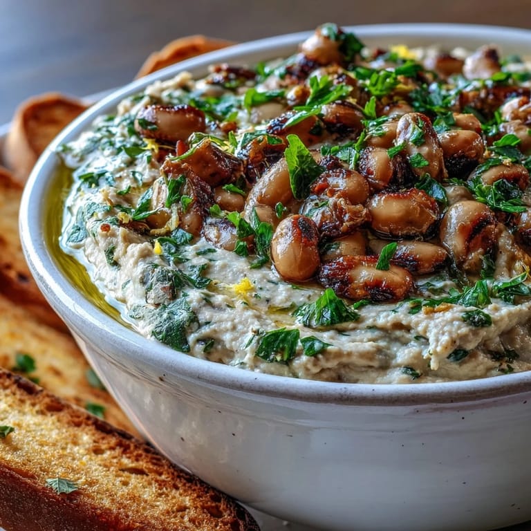 Golden light highlights the textured Smashed Black-Eyed Peas, drizzled with olive oil in a Mediterranean-style serving dish.