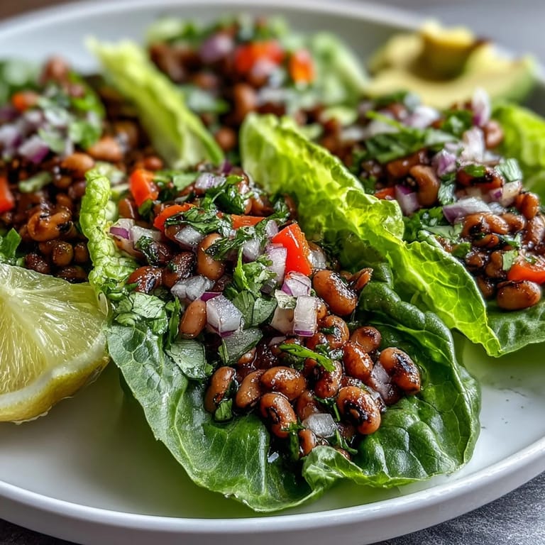 A close-up of Black-Eyed Pea Lettuce Wraps showcasing the vibrant red onion, carrots, and juicy cherry tomatoes.