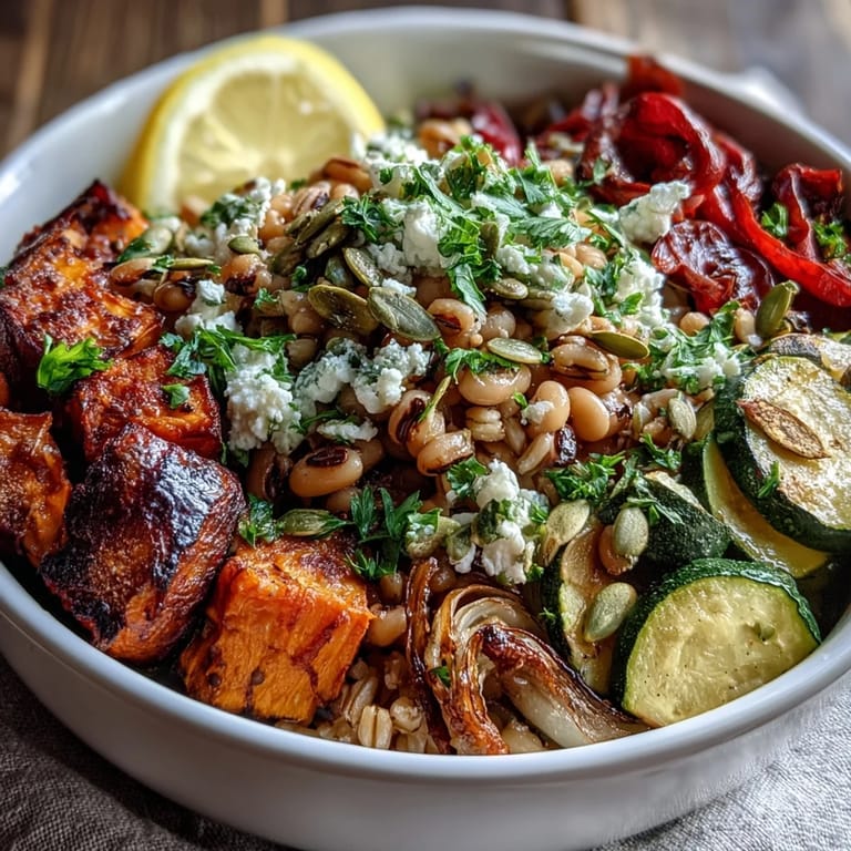 Healthy Black-Eyed Pea Grain Bowl served with sweet potatoes, red peppers, and a creamy feta garnish for dinner.