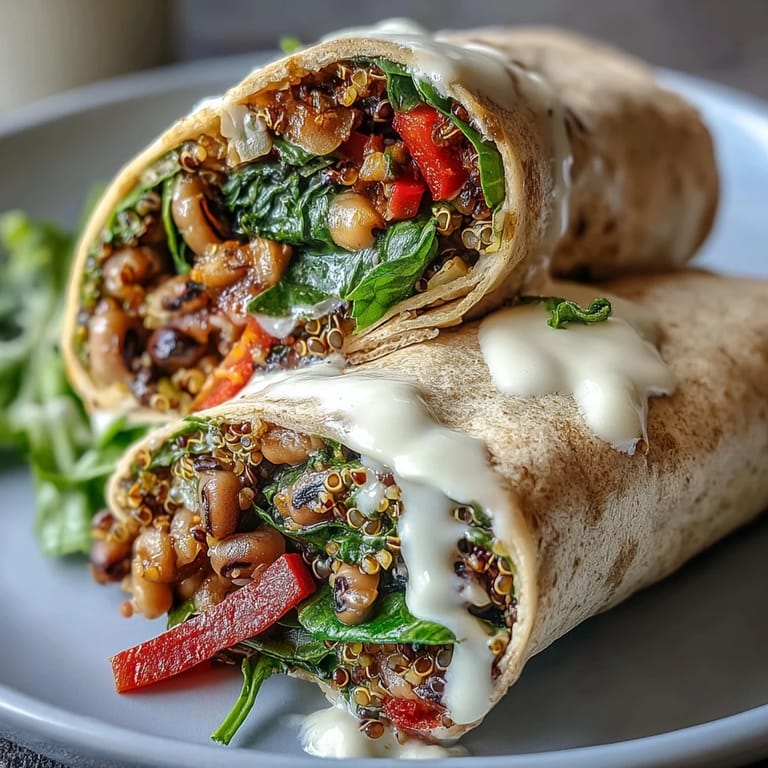 Close-up of a cut Black-Eyed Pea Wrap showing layers of quinoa, black-eyed peas, and crunchy cucumber inside a whole wheat tortilla.