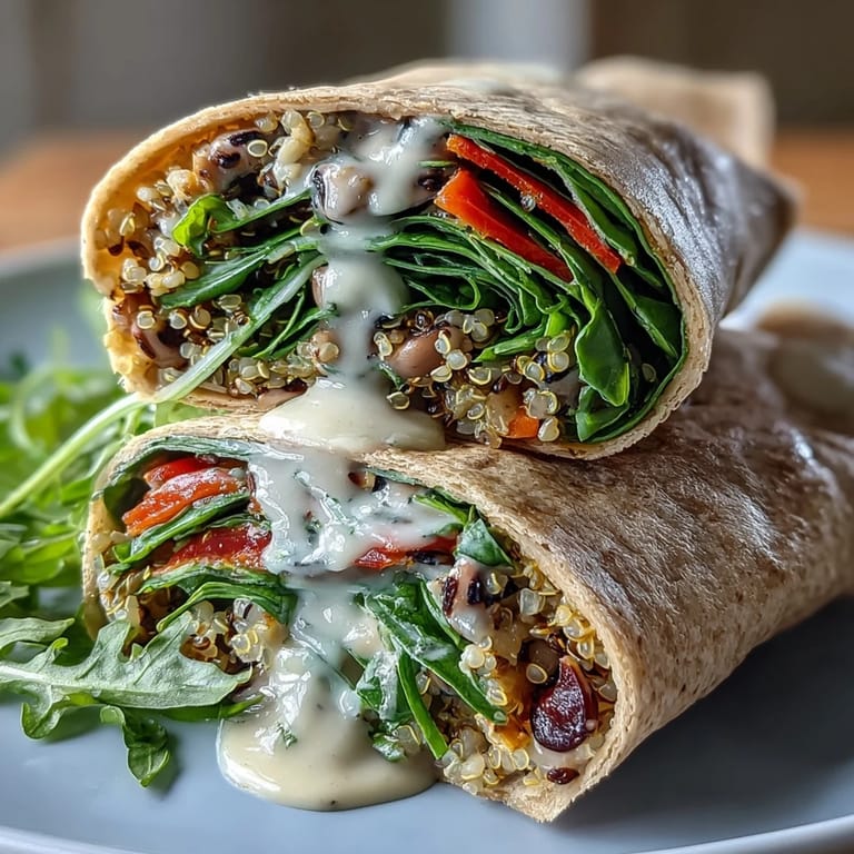 Black-Eyed Pea Wraps stuffed with brown rice and fresh veggies, drizzled with creamy tahini sauce and served with lemon wedges.