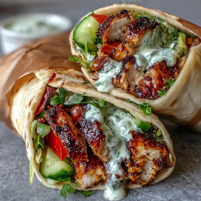 Colorful chicken shawarma in pita bread stuffed with juicy chicken, tomatoes, cucumbers, and tangy pickles.