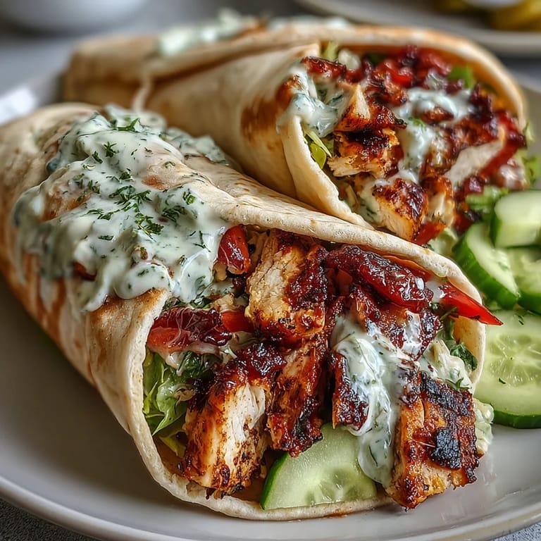 Stack of golden chicken shawarma wraps drizzled with creamy garlic sauce, served with fresh salad.