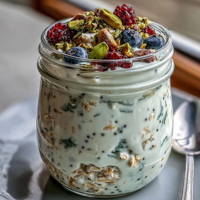 Healthy pistachio overnight oats served with a drizzle of honey and extra pistachios for a protein-rich morning.