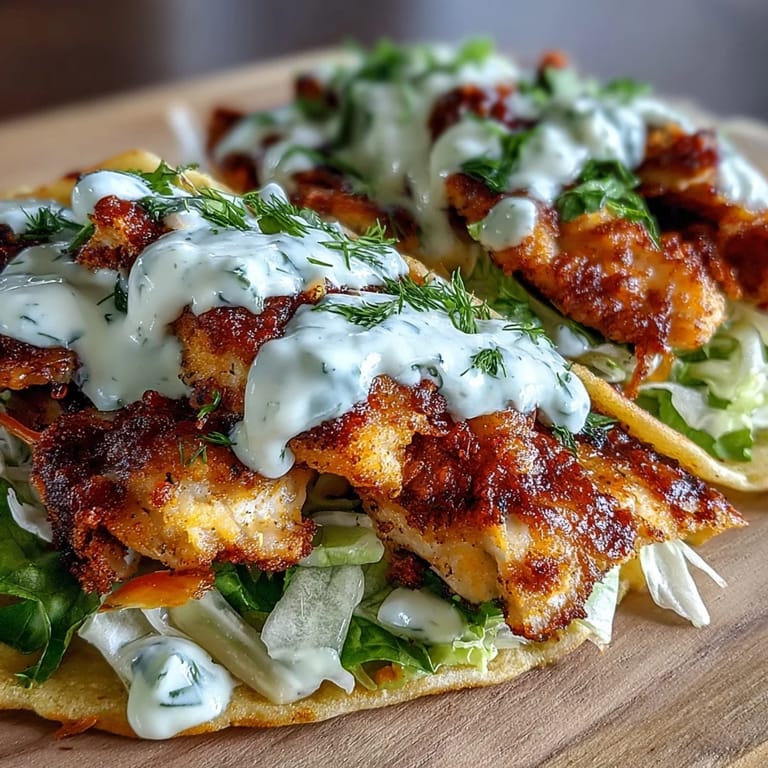 Close-up of a hand holding a warm taco filled with juicy ranch-seasoned chicken, dill pickle slices, and melted cheese lace, ready to be dipped in extra ranch.