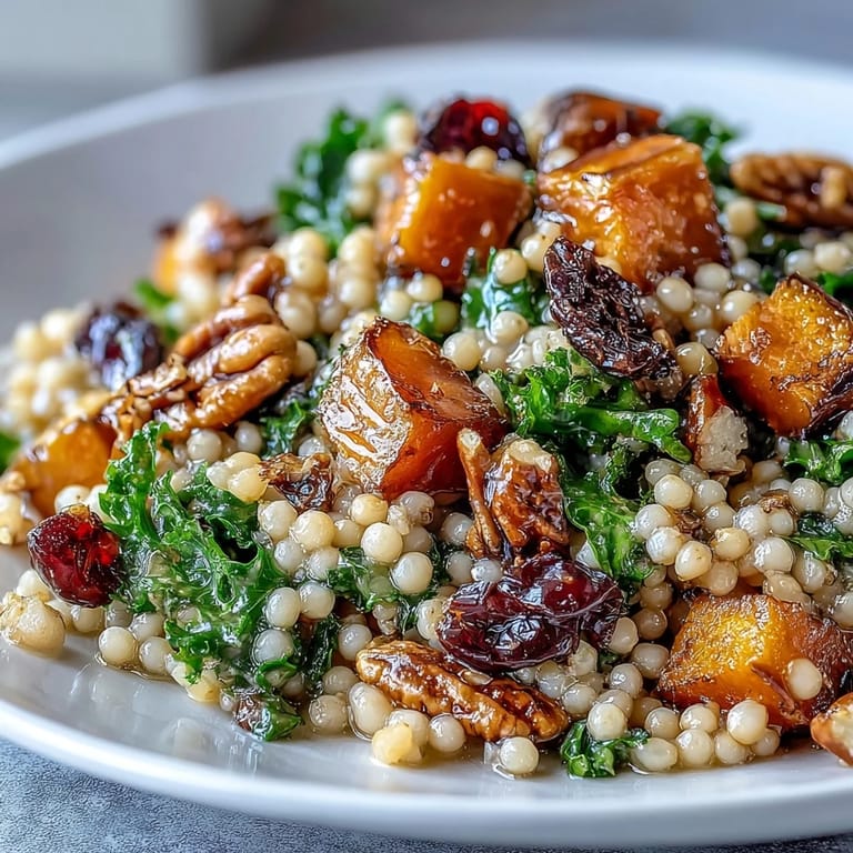 A close up of Honey Autumn Pearl Couscous Salad with glistening dried cranberries and thinly sliced red onion, served in a rustic white bowl for an easy autumn lunch.