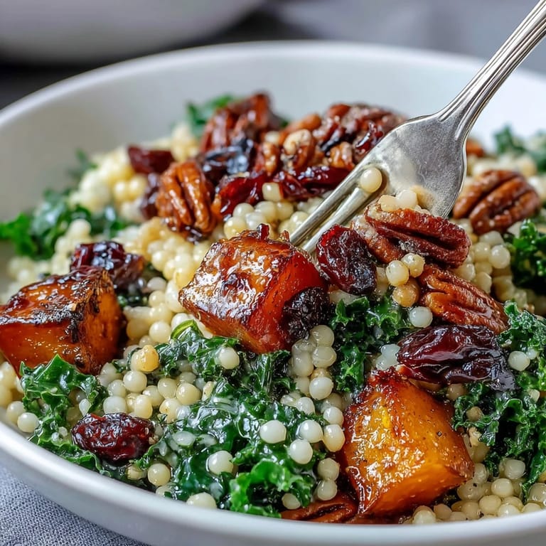 Freshly prepared Honey Autumn Pearl Couscous Salad showing tender grains, golden squash cubes, and chopped kale, all coated in a tangy honey mustard vinaigrette.