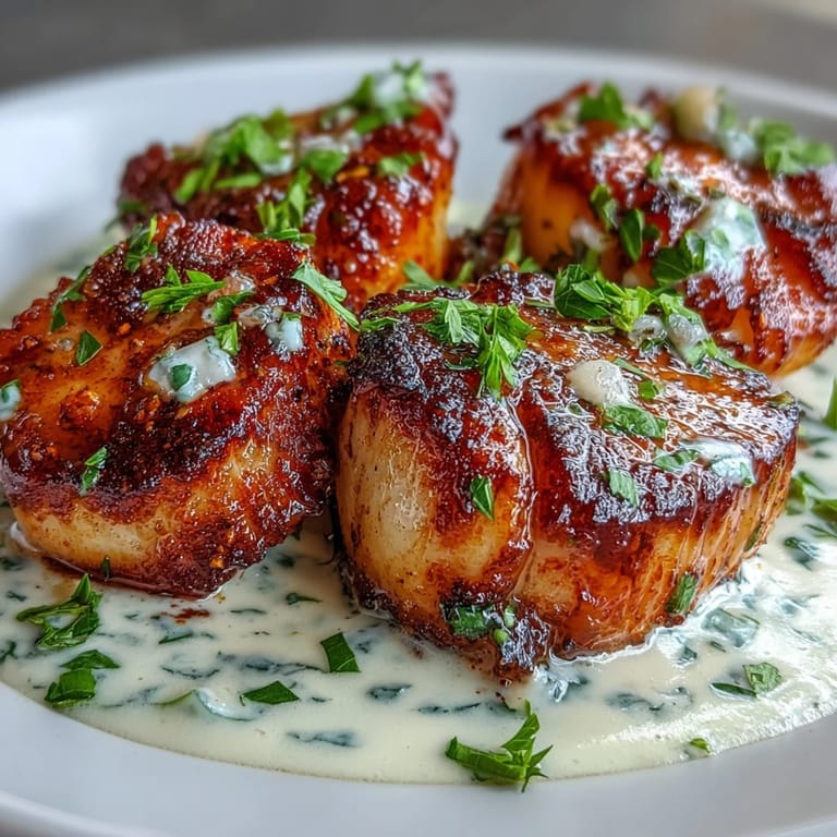 Restaurant-quality Seared Scallops with Spicy Cajun Cream Sauce served warm over fluffy white rice.