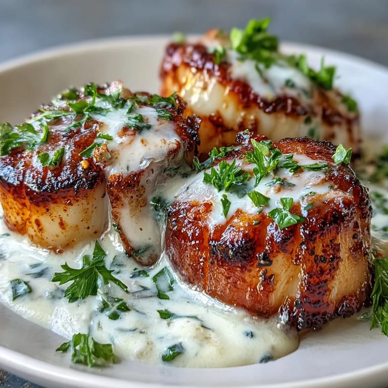 Perfectly seared scallops topped with a creamy Cajun sauce, ideal for a quick, pescatarian dinner.