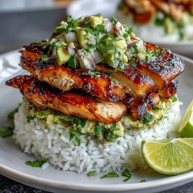 Sliced tangy honey lime chicken layered over fragrant rice with avocado salsa, served hot for a bright weeknight meal.