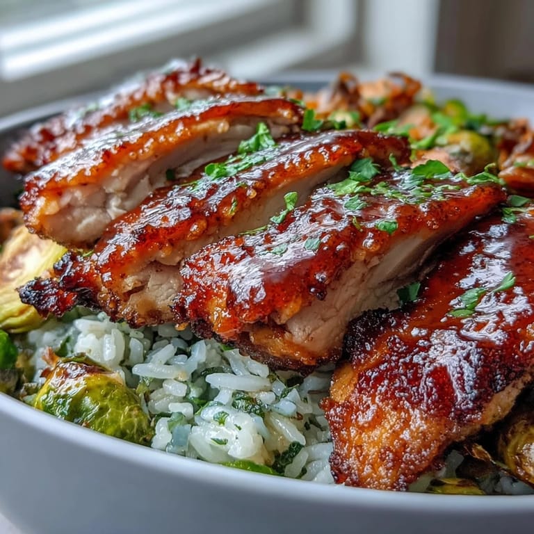 Sliced chicken and crispy vegetables top a hearty bowl of fluffy rice.