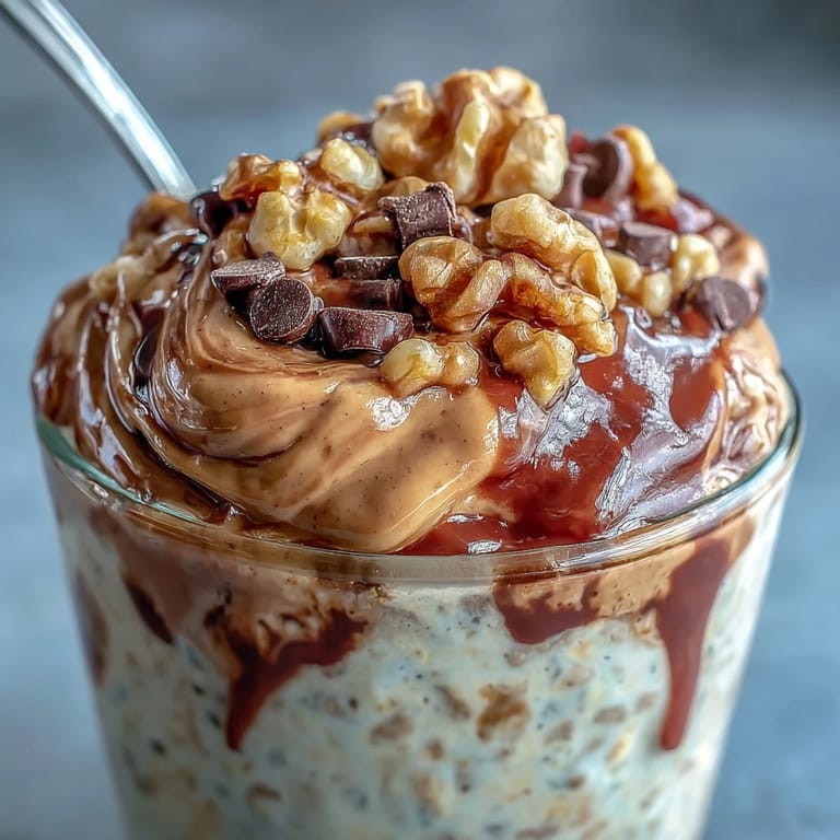 A glass jar of creamy Chunky Monkey Protein Overnight Oats with a spoon ready for breakfast.