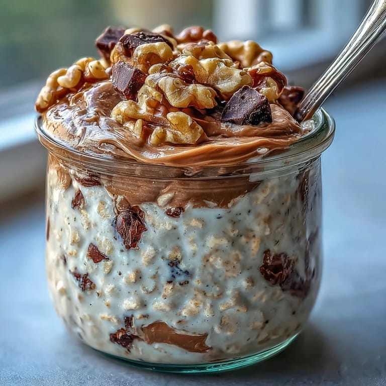 Close-up of Chunky Monkey Protein Overnight Oats showing rich chocolate, peanut butter, and banana chunks.