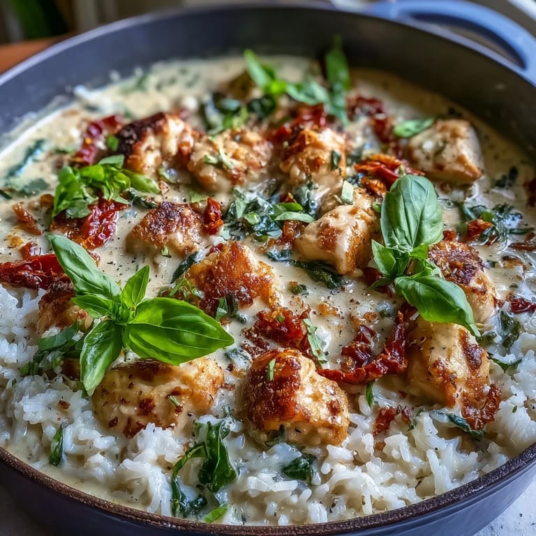 Spoonful of creamy Tuscan chicken rice skillet topped with fresh basil, served alongside a slice of rustic crusty bread.