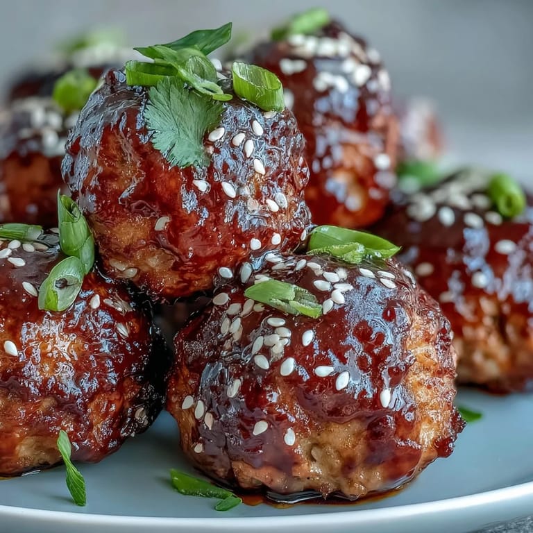 Sticky Spicy Chili Honey Turkey Meatballs tossed with cilantro and sesame seeds, ready to serve over steamed rice.