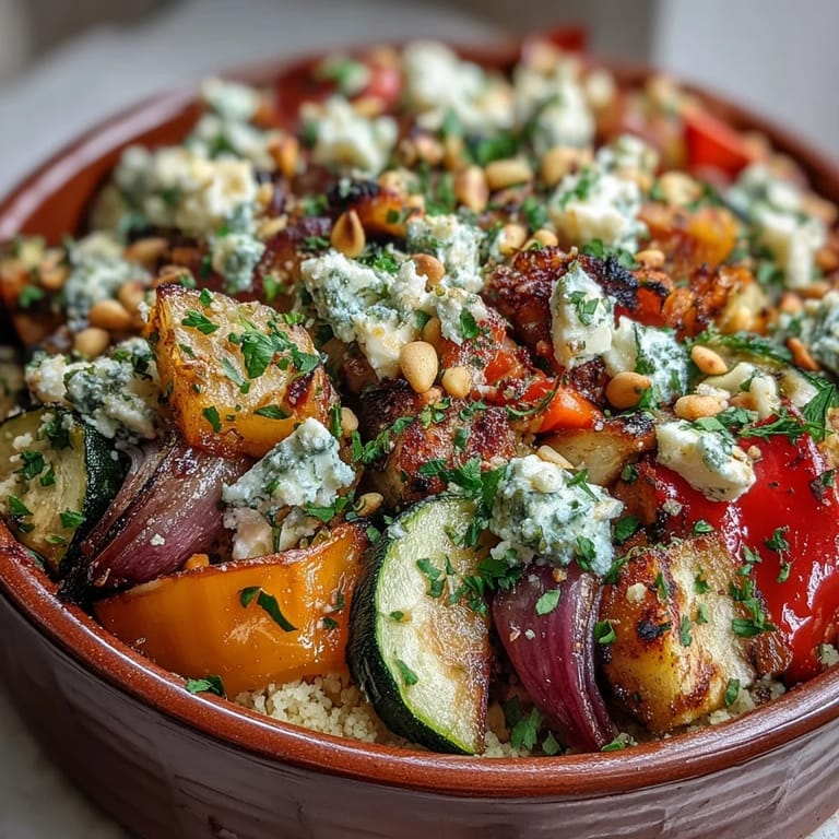 A warm Mediterranean couscous bake with roasted vegetables, creamy feta, and golden edges fresh from the oven.