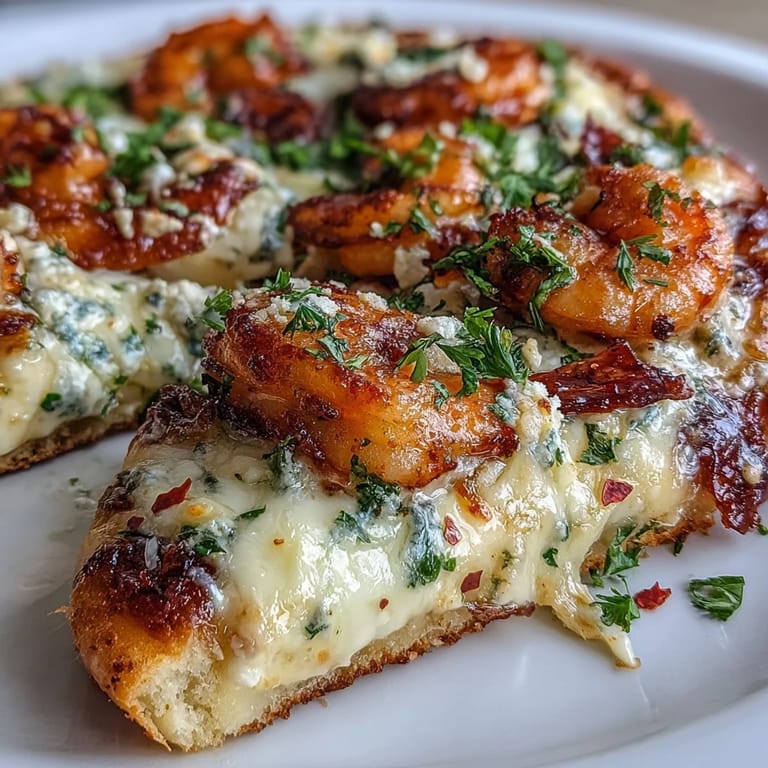 A close-up of hot Garlic Butter Shrimp Naan Pizzas shows melted mozzarella and parmesan on garlic naan, ready to be served for an easy gourmet meal.