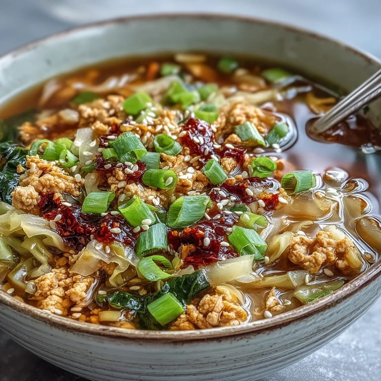 Homemade Egg Roll Soup with Chicken & Cabbage served hot with sesame seeds and chopsticks.
