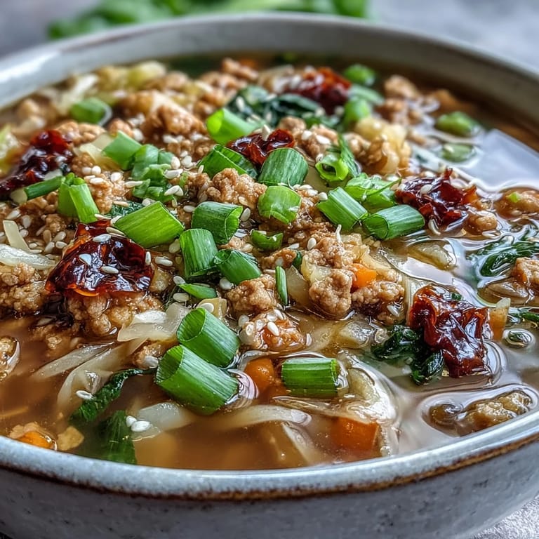 Cozy skillet of Egg Roll Soup with Chicken & Cabbage featuring shredded carrots and savory broth.