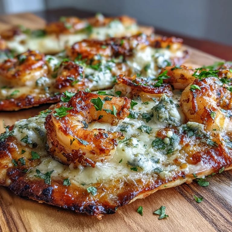 A close-up shows herb-flecked shrimp and melted cheese on garlic naan for this easy Garlic Butter Shrimp Naan Pizza.