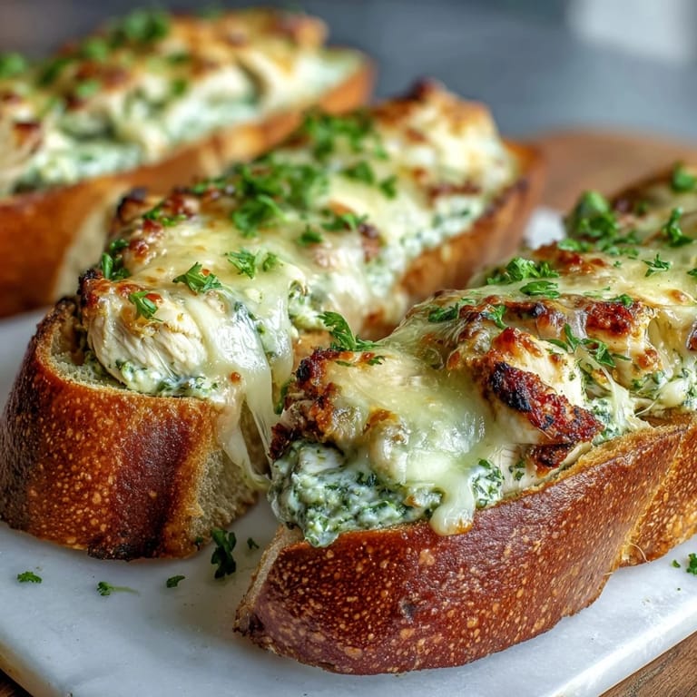 Sliced Pesto Chicken Garlic Bread Boats revealing a creamy pesto chicken filling on a rustic board.