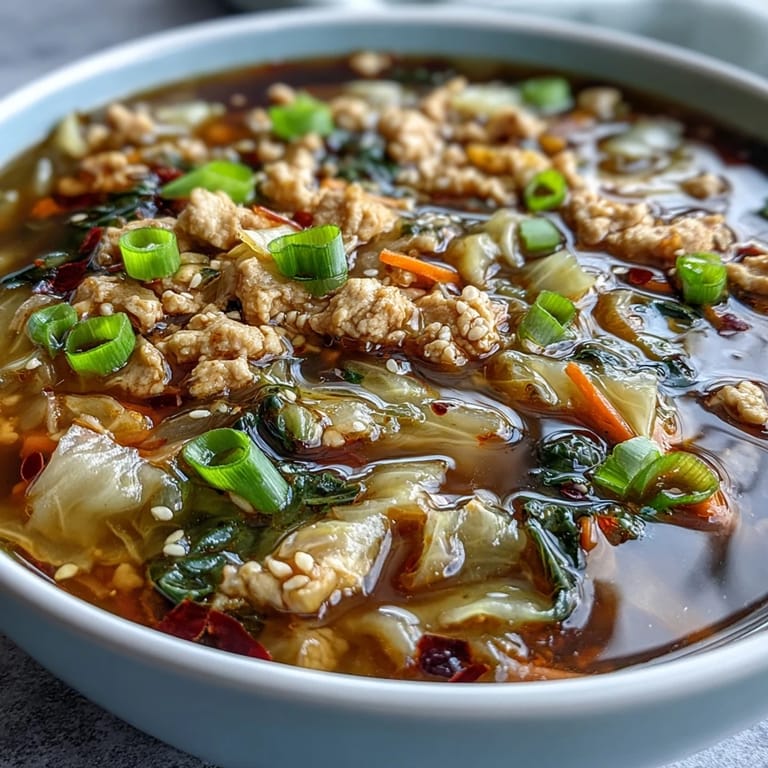 Egg Roll Soup with Chicken & Cabbage in a white bowl, featuring julienned carrots and sesame seeds.