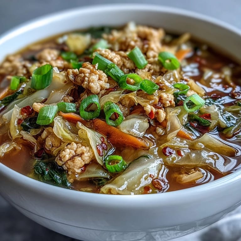 Spoon lifting a savory serving of Egg Roll Soup with Chicken & Cabbage to reveal tender vegetables.