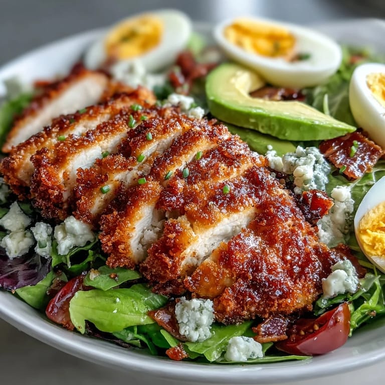 Overhead view of a colorful Parmesan Crusted Chicken Cobb Salad with layered tomatoes, cucumbers, and onions for a classic presentation.