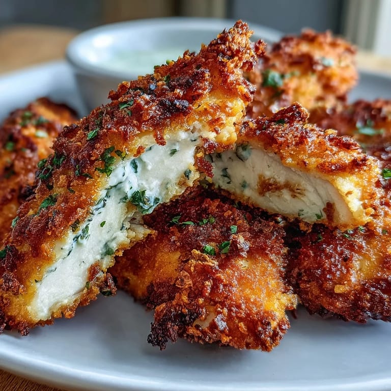 A hand dipping Crispy Panko Ranch Chicken Tenders into ranch dressing, showcasing the crunchy golden crust.