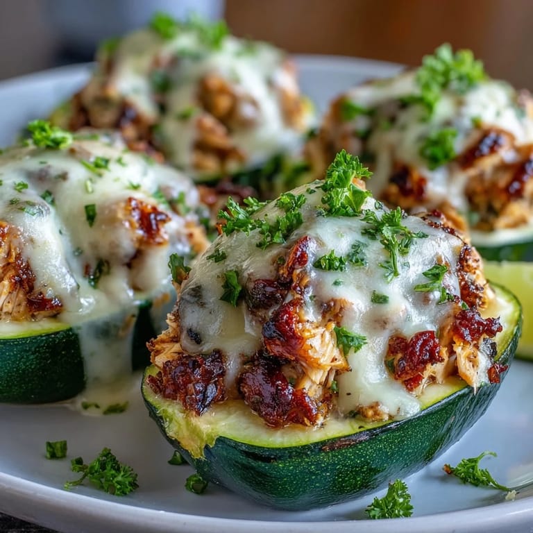 Golden, bubbly mozzarella tops the low-carb Keto Creamy Garlic Chicken Zucchini Boats served alongside a fresh green salad.