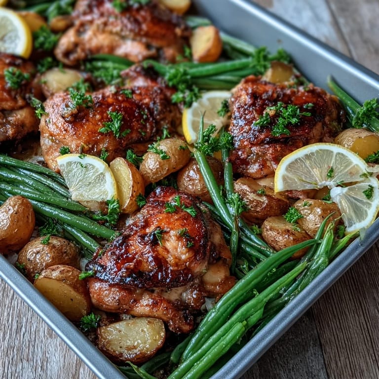 Juicy Sheet Pan Lemon Garlic Chicken rests alongside crispy roasted potatoes and tender green beans.