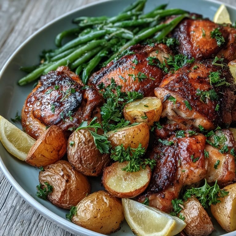 A close-up of Sheet Pan Lemon Garlic Chicken with zesty lemon wedges and fresh parsley garnish.
