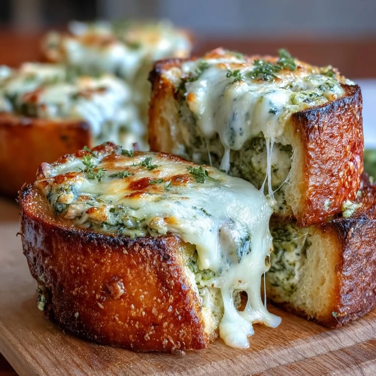 Melted mozzarella tops warm Pesto Chicken Garlic Bread Boats served alongside marinara for dipping.